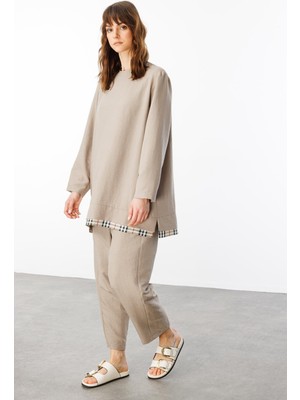 Micca Ferra Garni İpekçe Kumaş Hafif ve Konforlu Pantalon Tunik Kombin Takım-Vizon