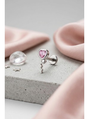 Stainless Steel Cerrahi Çelik Silver Pembe Kalp Detaylı Tragus & Helix Piercing