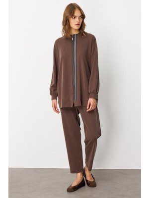 Micca Soft Örme Miccell (%55 doğal) İçerik Dokuma Ön Garni Pantalon Kombin Takım-Kahve