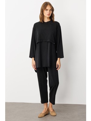 Micca Soft Örme (Miccell %55 Doğal Içerik) Elişi Detaylı  Pantalon Kombin Takım-Siyah