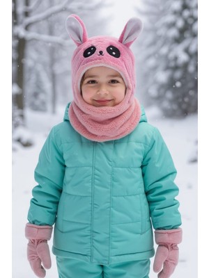 Eleven Markets Kız Çocuk Kulaklı Bere Boyunluk Animal Sevimli Tavşan Desenli Polar Kışlık Şapka & Atkı, 3-9 Yaş