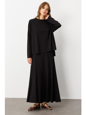 Micca Mybch Örme Ekstra Dökümlü Yumuşak Dokulu Parçalı Etek Kombinli Zamansız Takım-Siyah