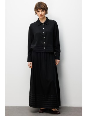 Micca %100 Doğal Lyocell ile Dökümlü Soft Hissiyat ve Elişi Bant Detaylı Maxi Etek / Ceket Kombin Takım-Siyah