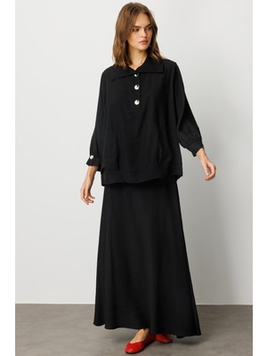 Micca Model (%90 Doğal Içerik) Dökümlü Soft Kumaş Etek Kombinli Aks Detaylı Takım-Siyah