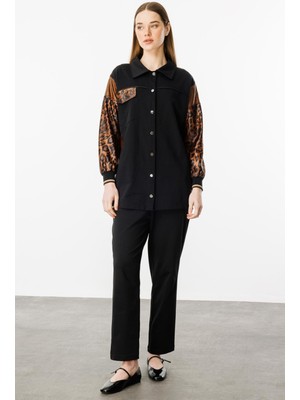 Micca Leopar Ince Dökümlü Pamuk Karışım Kumaş Pantalon Üst Kombin Takım-Siyah