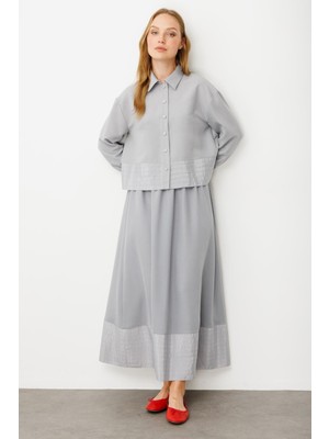 Micca Poly Cupra Dikiş Detatlı Ipekçe Etek Ceket Kombin Takım-Gri