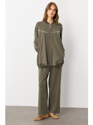 Micca Soft Örme (Miccell %55 Doğal Içerik) Elişi Detaylı  Pantalon Kombin Takım-Haki