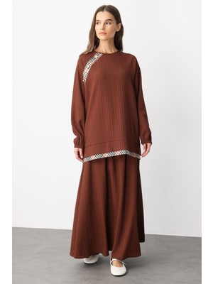 Micca Garni Detaylı Özel Dokuma Şık Etekli Takım-Kahve