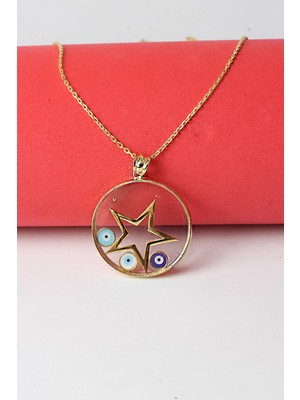 By Barun Kolye Altın Yıldız Model Nazar Boncuklu Mavi Göz Mineli 925 Ayar Kolye Gümüş