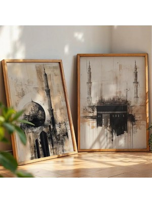 Pam Studio Kâbe ve Mescid-I Nebevi Temalı 2’li Tablo Seti | Manevi Duvar Dekoru, Hat Sanatı ve Modern Islami