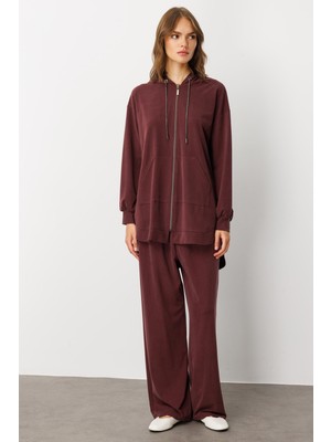 Micca Soft Örme (Miccell %55 Doğal Içerik) Elişi Detaylı  Pantalon Kombin Takım-Bordo