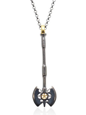 By Barun Çift Taraflı Balta Figürlü Yıldız Model Siyah 925 Ayar Erkek Gümüş Kolye