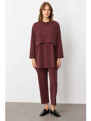 Micca Soft Örme (Miccell %55 Doğal Içerik) Elişi Detaylı  Pantalon Kombin Takım-Bordo