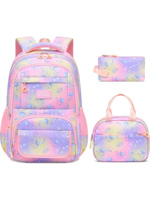 Hüvendo Su Geçirmez Çok Cepli Ortopedik Omuz Destekli Kız Çocuk 3 Lü Okul Çanta Seti Pembe Lila