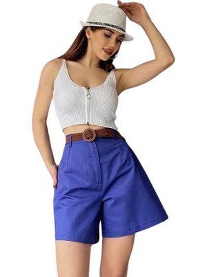 MK Beykoz Rahat Kalıp Kemerli Mom Şort - Mavi̇