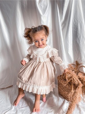 Magu Kız Çocuk Bej Fistolu Vintage Elbise