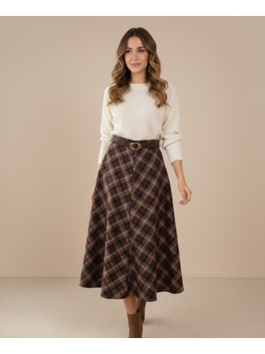 PNR Woman Ekose Desenli Kahve Etek Kemerli