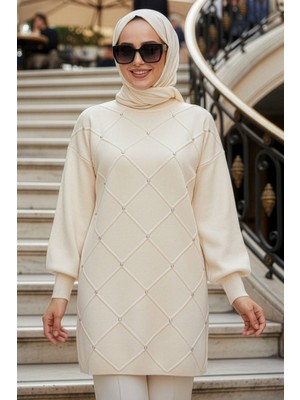Neva Style Boncuk Detaylı Krem Tesettür Triko Kazak 10138KR