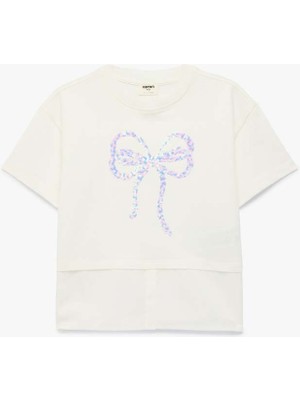 Koton Pullu Payetli Fiyonk Baskılı Ekru Kız Çocuk T-Shirt 6SKG10060AK