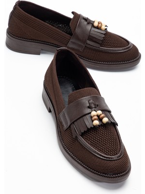 Abba Koyu Acı Kahve Triko Püsküllü Boncuklu Loafer Günlük Babet