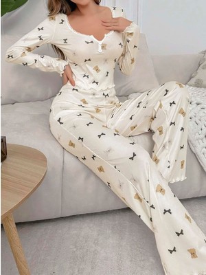 Intive Lingerie Kadın Ekru Ayıcık ve Fiyonk Desenli Yumuşak Pamuklu Uzun Pijama Takımı 5129