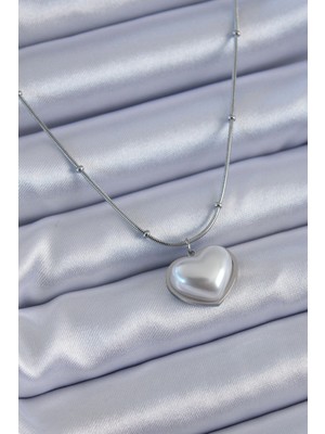 Eco Lounge 316L Çelik Gümüş Renk Incili Kalp Model Minimal Top Detay Kadın Kolye