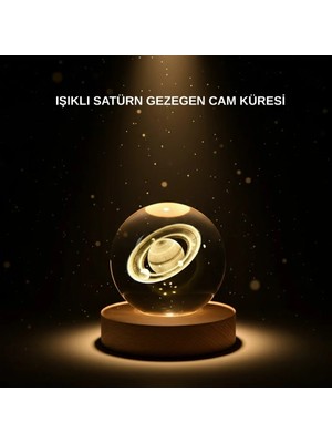Argesco Mühendislik Ahşap Tabanlı 3D Satürn Kristal Küre Atmosfer Lambası