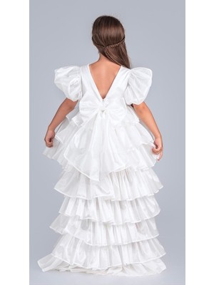 Babyaden Taşlı Taçlı Ön Kısa Arka Uzun Çıkabilen Kuyruklu Doğum Günü Parti Kız Çocuk Abiye Elbise