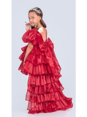 Babyaden Taşlı Taçlı Ön Kısa Arka Uzun Çıkabilen Kuyruklu Doğum Günü Parti Kız Çocuk Abiye Elbise