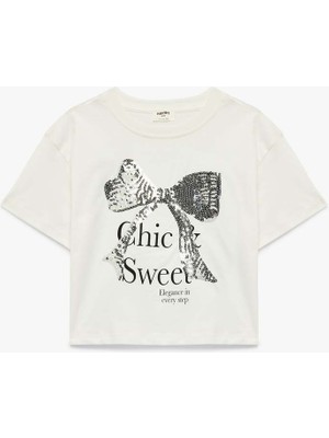 Koton Pullu Payetli Fiyonklu Ekru Kız Çocuk T-Shirt 6SKG10195AK