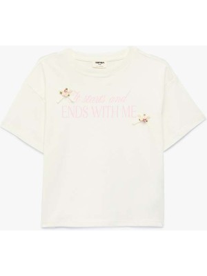 Koton Baskılı Ekru Kız Çocuk T-Shirt 6SKG10213AK