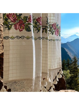 Cotopia Buldan Perde Kırmızı Kanaviçe Yöresel Dokuma