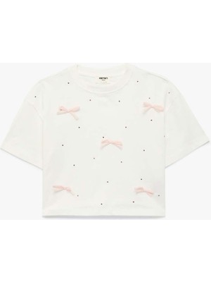 Koton Fiyonk ve Taş Detaylı Ekru Kız Çocuk T-Shirt 6SKG10192A