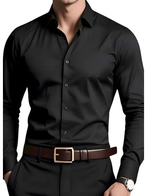 Vahik Siyah Pamuklu Saten Fit Kesim Gömlek