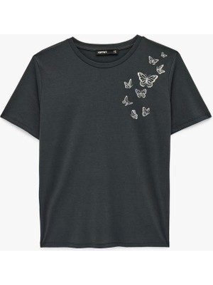 Koton Kelebek Baskılı Antrasit Kadın T-Shirt 6SAK50131EK