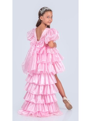Babyaden Taşlı Taçlı Ön Kısa Arka Uzun Çıkabilen Kuyruklu Doğum Günü Parti Kız Çocuk Abiye Elbise