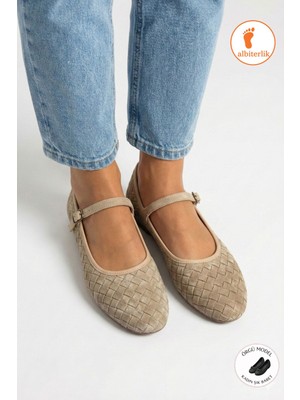 Albishoes Kadın Örgü Babet Yumuşak Doku Nubuk Yüzey Anatomilk Hafif Taban Tokalı Şık Kadın Babet