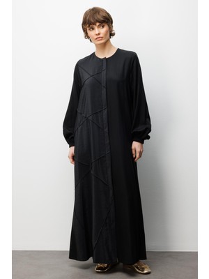 Micca %100 Doğal Lyocell ile Dökümlü Soft Hissiyat Rahat Kalıp Nervur Detaylı Ferace-Siyah