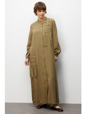 Micca %100 Doğal LyoCELL ile Dökümlü Soft Hissiyat ve Elişi Özel İşleme Hasır Desenli Ferace-Haki