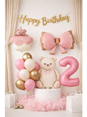 Meri Parti Teddy Ayıcık Konsept Balon Seti – Pudra Pembe Gold Doğum Günü Parti Dekoru Folyo Balon Süsleme Seti