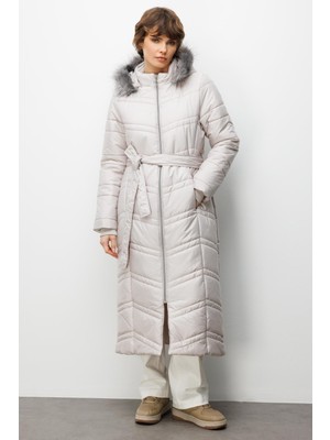 Micca Soft Elyaf Dolgulu Peluş Detaylı Astarlı Zamansız Kaban Manto-Gri