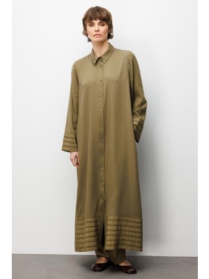 Micca %100 Doğal LyoCEL ile Dökümlü Soft Hissiyat ve Elişi Bant Detaylı Ferace-Haki