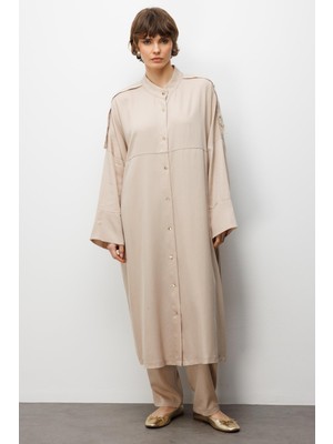 Micca %100 Doğal LyoCELL ile Dökümlü Soft Hissiyat Rahat Kalıp Apolet ve Özel Düğme Detaylı Maxi Tunik-Taş