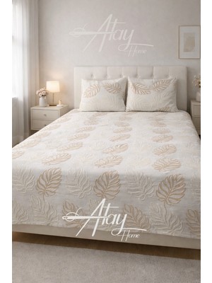 Atay Home Yaprak Desenli Modern Çift Kişilik Yatak Örtüsü Takımı 240X250 3 Parça Beyaz Renk