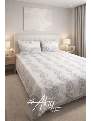 Atay Home Yaprak Desenli Modern Çift Kişilik Yatak Örtüsü Takımı 240X250 3 Parça Beyaz Renk