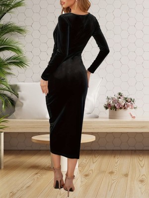 Serac Collection Kadın Uzun Kollu Kruvaze Yaka Belden Büzgü Detay Midi Kadife Elbise