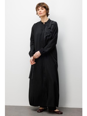 Micca %100 Doğal LyoCELL ile Dökümlü Soft Hissiyat ve Elişi Özel İşleme Hasır Desenli Ferace-Siyah