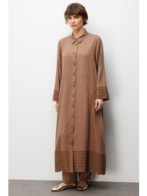 Micca %100 Doğal Lyocel ile Dökümlü Soft Hissiyat ve Elişi Bant Detaylı Ferace-Kahve