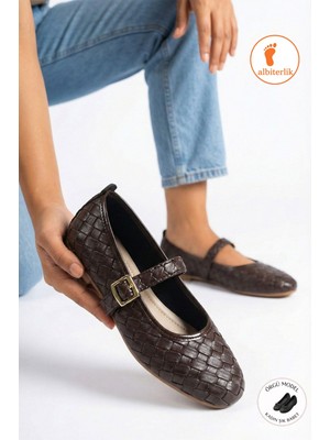 Albishoes Kadın Örgü Babet Anatomilk Hafif Taban Günlük Kullanım Tokalı Şık Örgü Günlük Kadın Babet