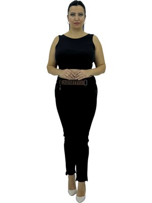 Carmito Büyük Beden Denim Toparlayıcı Kemerli Yüksek Bel Dar Paça Taşlı Kadın Pantolon Türk Malı